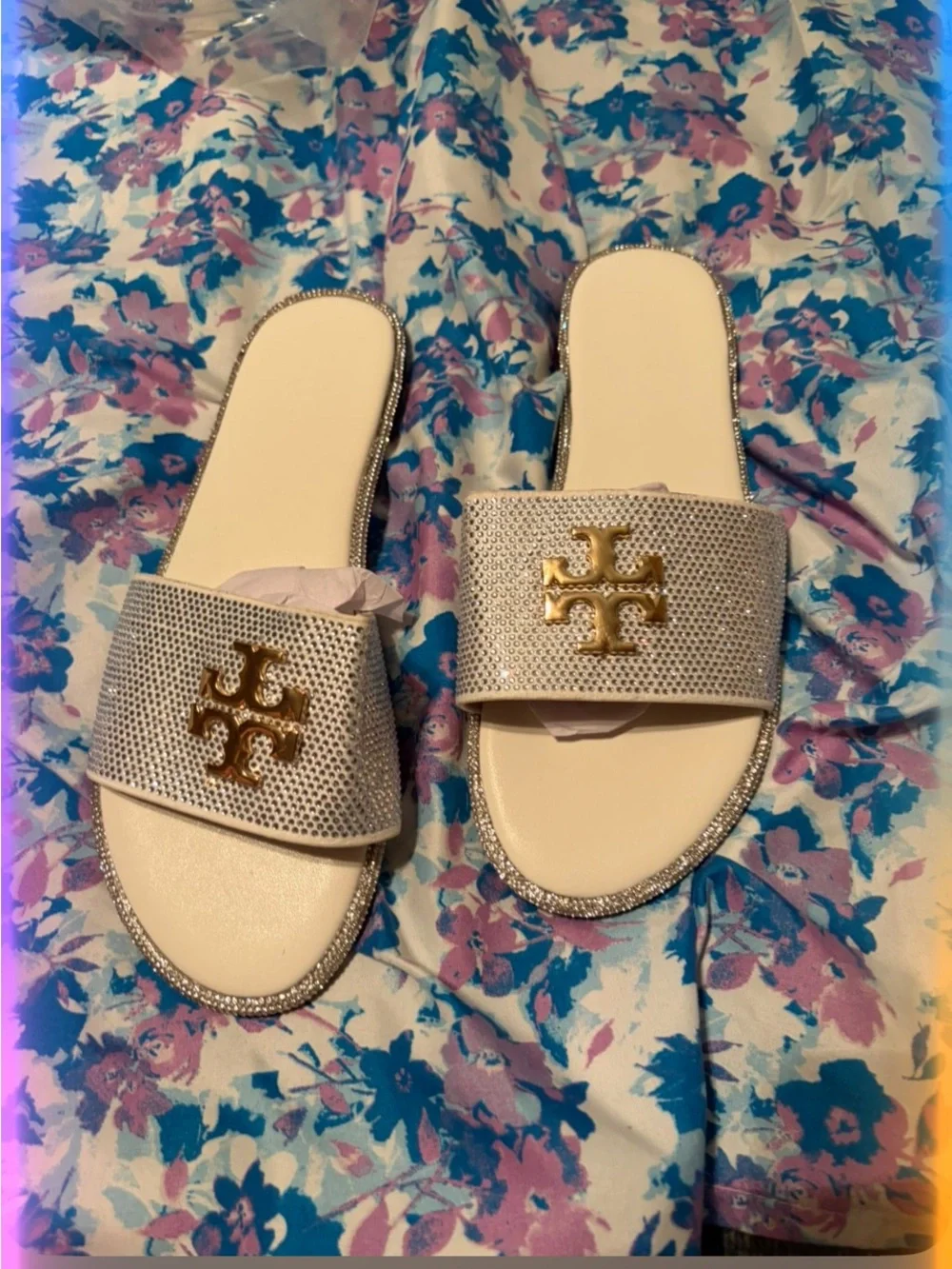 Tory Burch Ivory Crystal-Embellished Logo Slide Sandals